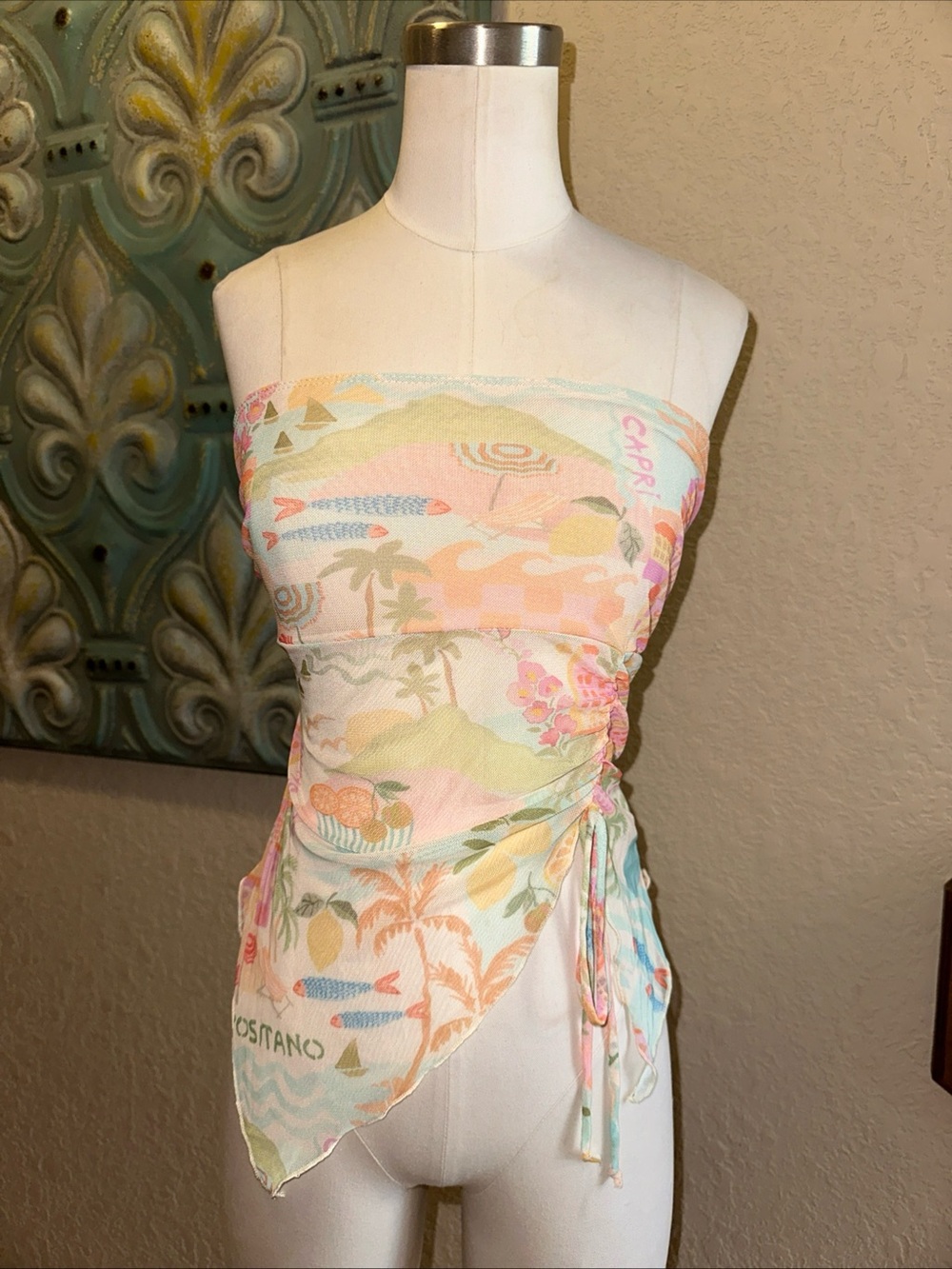 See You Monday Mesh Strapless Tube Top Tropical Ruched Asymmetrical Small Italy
